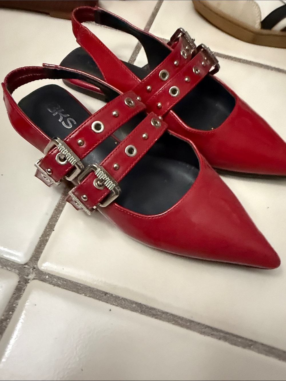 Red Pointed Slingback Flats with Buckle Detail